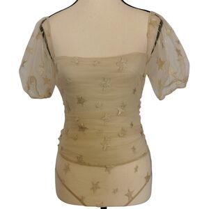 Le Lis 'Stars' Organza Mesh Ivory Bodysuit with Gold Embroidered Stars - Sz S